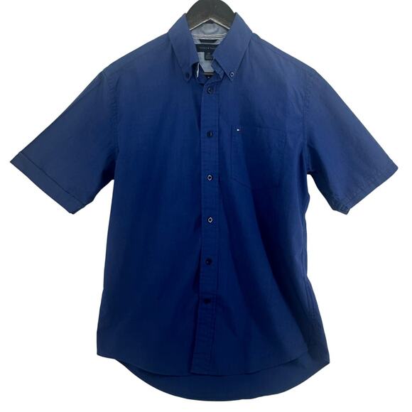 Tommy Hilfiger Button Up Shirt Short Sleeve Mens Small Blue Preppy Casual Spring - Picture 1 of 7